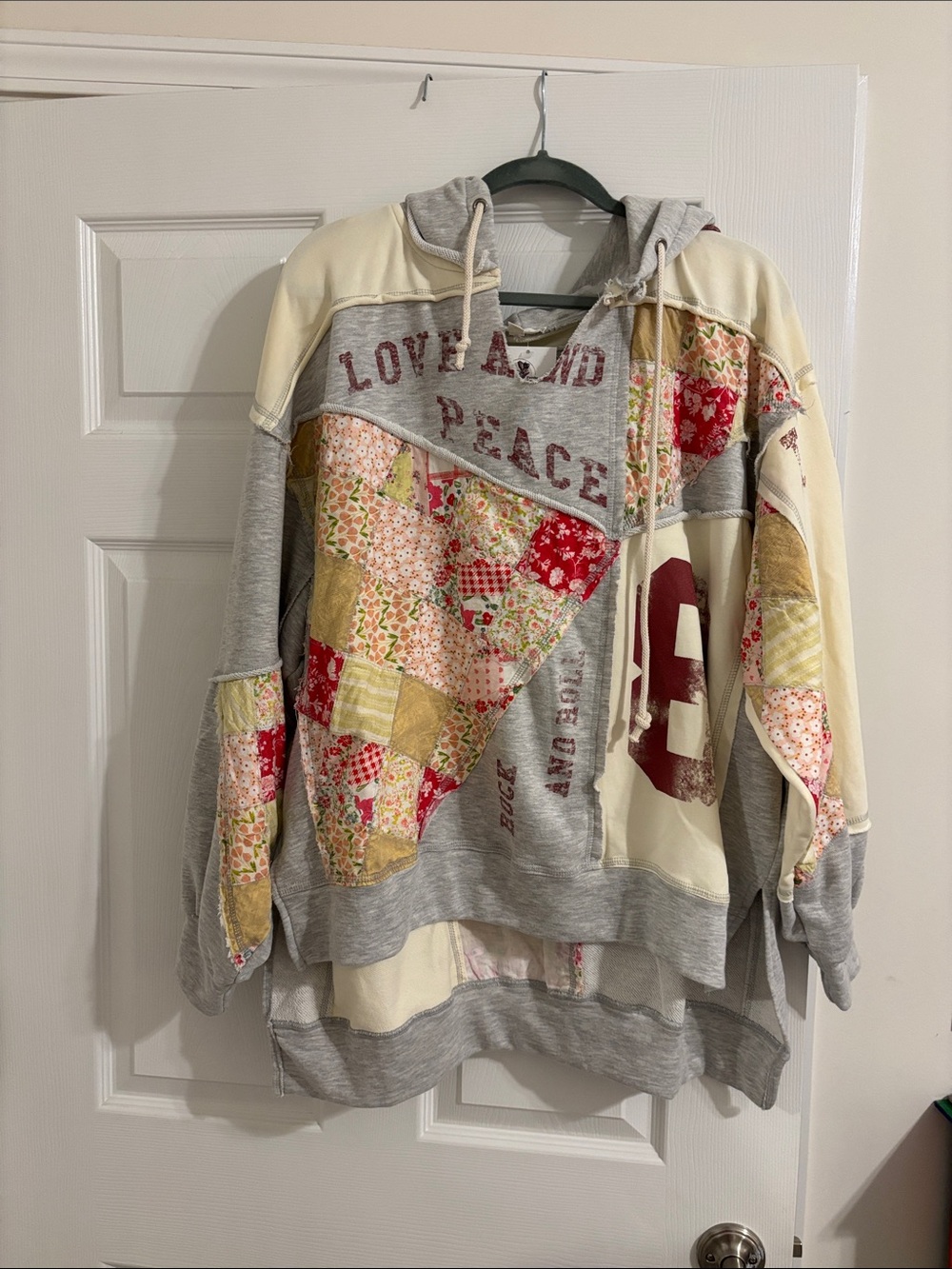Patchwork 'Love and Peace' Hooded Sweatshirt in Gray, Cream & Red